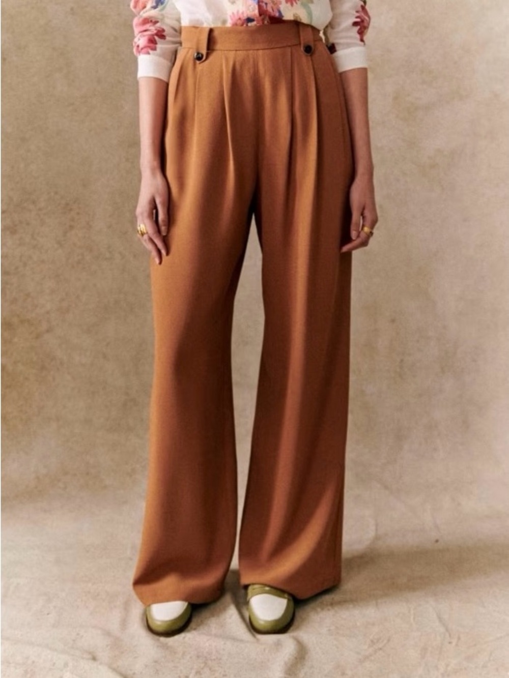 Sezane Loulou Coffee Brown High Rise Fluid Wide Leg Trousers FR 36 Small